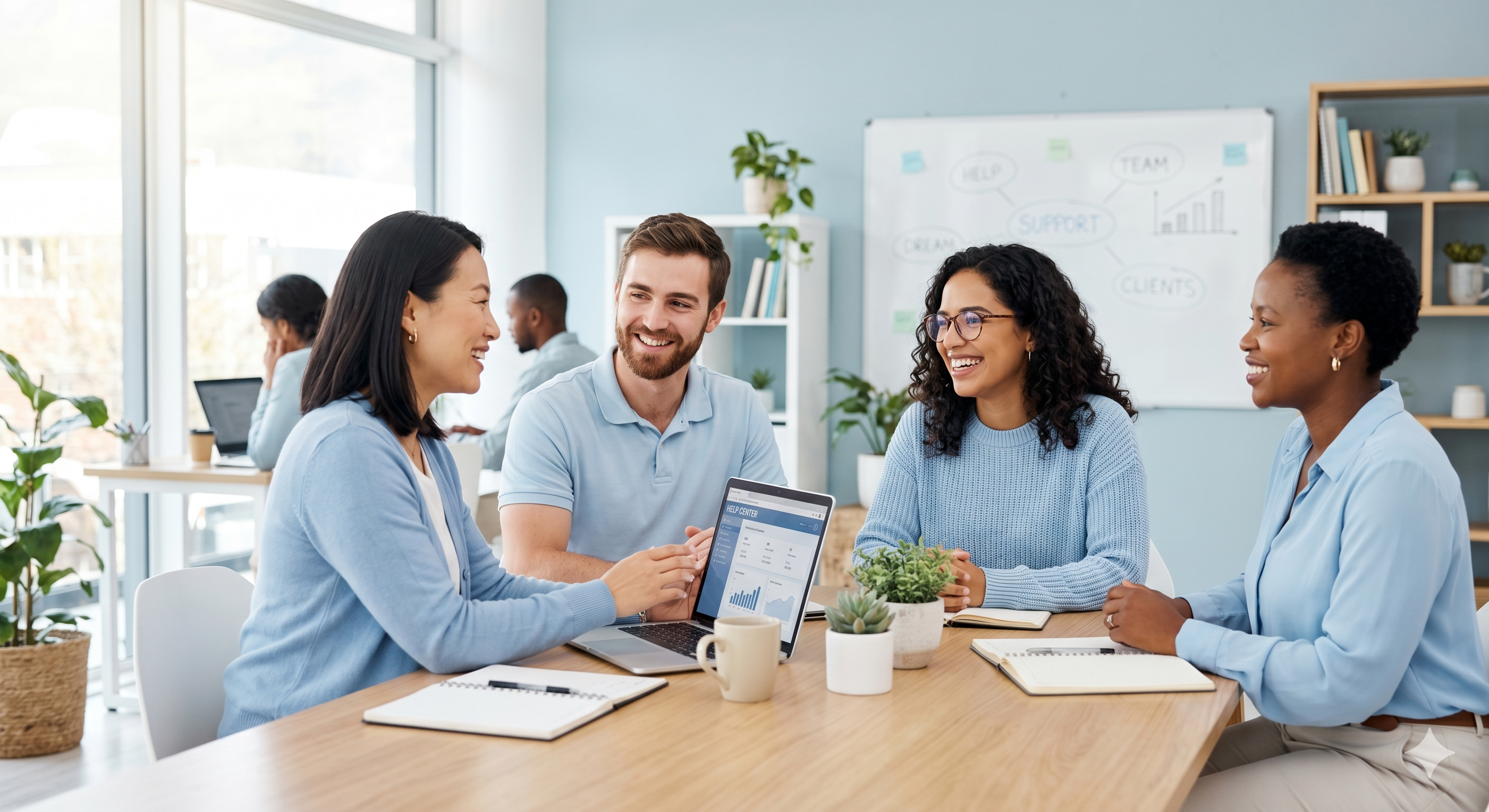 Equipo de soporte sonriente atendiendo a un cliente